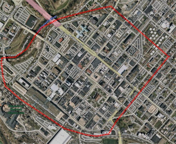 This map indicates the area of the downtown traffic studies used to develop and improve the streetscape plan.