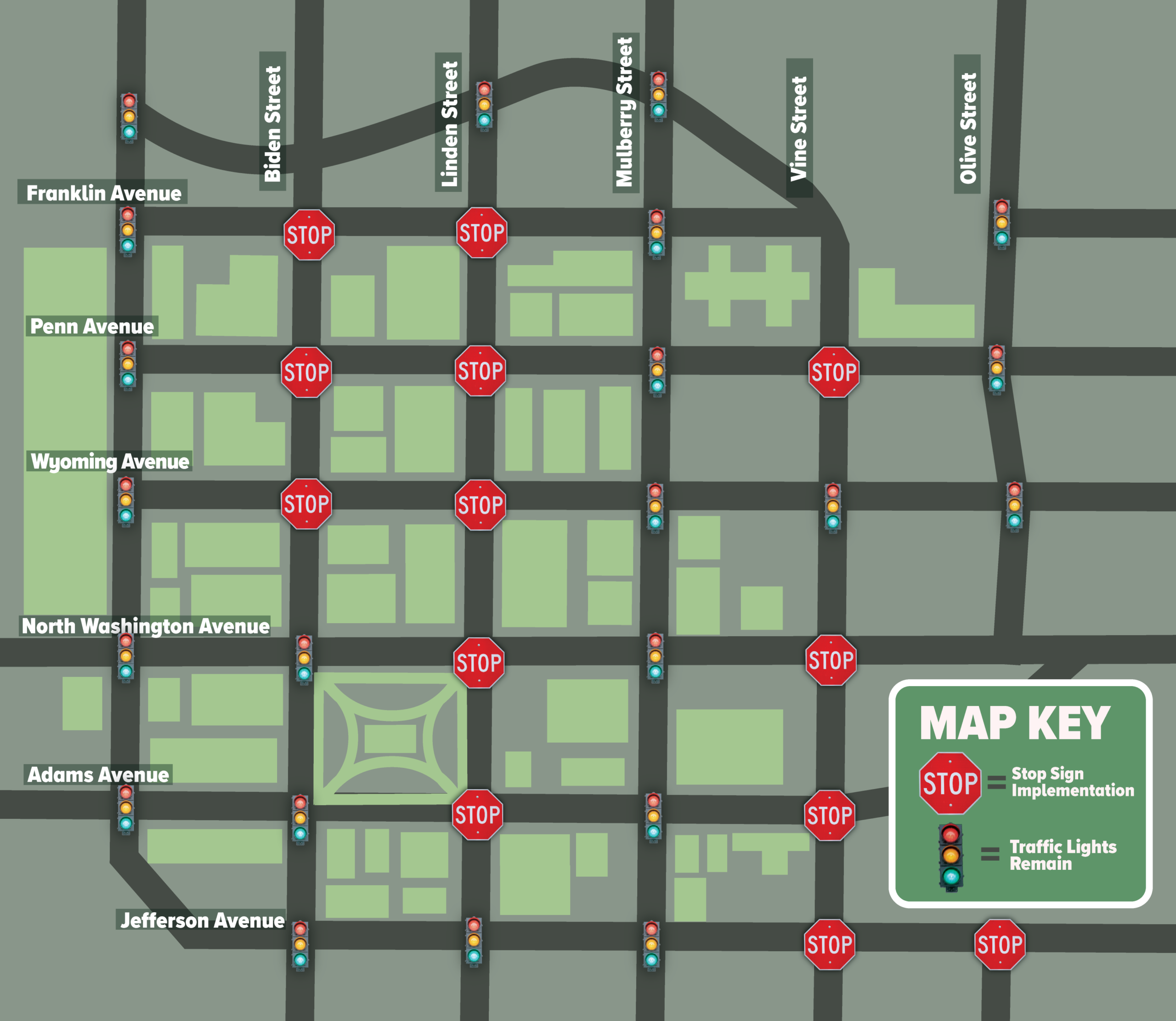 Map of downtown Scranton showing 13 intersections included in the stop sign study along Biden, Linden, Vine, and Olive streets.